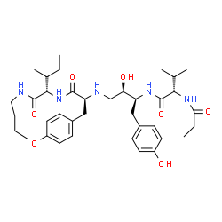 ChemSpider 2D Image | N-[(2S,3R)-4-{[(8S,11S)-8-[(2S)-2-Butanyl]-7,10-dioxo-2-oxa-6,9-diazabicyclo[11.2.2]heptadeca-1(15),13,16-trien-11-yl]amino}-3-hydroxy-1-(4-hydroxyphenyl)-2-butanyl]-N~2~-propionyl-L-valinamide | C36H53N5O7