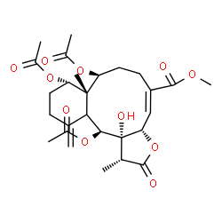 ChemSpider 2D Image | Methyl (1R,3aS,4E,8S,8aR,9S,13S,13aS)-8,9,13-triacetoxy-13a-hydroxy-1,8a-dimethyl-12-methylene-2-oxo-1,2,3a,6,7,8,8a,9,10,11,12,12a,13,13a-tetradecahydrobenzo[4,5]cyclodeca[1,2-b]furan-5-carboxylate | C27H36O11