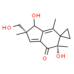 ChemSpider 2D Image | (2'R,6'S)-3',6'-Dihydroxy-2'-(hydroxymethyl)-2',4',6'-trimethyl-2',3'-dihydrospiro[cyclopropane-1,5'-inden]-7'(6'H)-one | C15H20O4