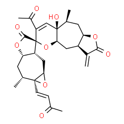 ChemSpider 2D Image | (1a'R,2'R,3aR,3a'S,4aR,6R,6a'R,7a'R,8aR,9S,10aR)-7-Acetyl-8a-hydroxy-2',9-dimethyl-3-methylene-1a'-[(1E)-3-oxo-1-buten-1-yl]-2',3,3',3a,3a',4,4a,6a',7',7a',8a,9,10,10a-tetradecahydro-1a'H,2H-spiro[fur
o[2',3':5,6]cyclohepta[1,2-b]pyran-6,6'-oxireno[4,5]cyclohepta[1,2-b]furan]-2,5'-dione | C29H34O9