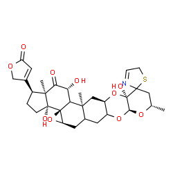 ChemSpider 2D Image | (1S,3aR,3bS,4aR,7aS,9S,11aR,12aR,13aS,14R,15aR)-3a,11a,14-Trihydroxy-9,13a,15a-trimethyl-1-(5-oxo-2,5-dihydro-3-furanyl)-2,3,3a,4a,5,5a,6,6a,7a,9,10,11a,12a,13,13a,13b,14,15a-octadecahydro-5'H-spiro[c
yclopenta[7,8]oxireno[8a,9]phenanthro[2,3-b]pyrano[3,2-e][1,4]dioxine-11,2'-[1,3]thiazol]-15(1H)-one | C31H39NO10S