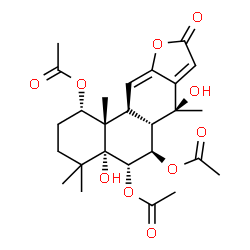 ChemSpider 2D Image | (1S,4aR,5S,6R,6aS,7S,11aS,11bS)-4a,7-Dihydroxy-4,4,7,11b-tetramethyl-9-oxo-1,2,3,4,4a,5,6,6a,7,9,11a,11b-dodecahydrophenanthro[3,2-b]furan-1,5,6-triyl triacetate | C26H34O10