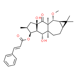 ChemSpider 2D Image | (1aR,2R,2aR,3aR,5S,6S,6aS,7R,7aR,9aS)-3a,7-Dihydroxy-2-methoxy-1,1,2a,5,7a-pentamethyl-3-oxotetradecahydro-1H-cyclopropa[4,5]cyclohepta[1,2-f]inden-6-yl (2E)-3-phenylacrylate | C30H40O6