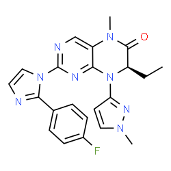 ChemSpider 2D Image | (7R)-7-Ethyl-2-[2-(4-fluorophenyl)-1H-imidazol-1-yl]-5-methyl-8-(1-methyl-1H-pyrazol-3-yl)-7,8-dihydro-6(5H)-pteridinone | C22H21FN8O