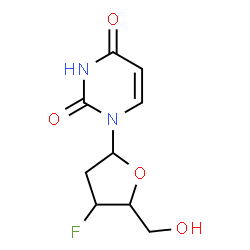 ChemSpider 2D Image | 1-(2,3-Dideoxy-3-fluoropentofuranosyl)-2,4(1H,3H)-pyrimidinedione | C9H11FN2O4