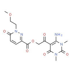 ChemSpider 2D Image | 2-(6-Amino-1,3-dimethyl-2,4-dioxo-1,2,3,4-tetrahydro-5-pyrimidinyl)-2-oxoethyl 1-(2-methoxyethyl)-6-oxo-1,6-dihydro-3-pyridazinecarboxylate | C16H19N5O7