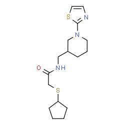 ChemSpider 2D Image | 2-(Cyclopentylsulfanyl)-N-{[1-(1,3-thiazol-2-yl)-3-piperidinyl]methyl}acetamide | C16H25N3OS2