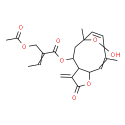 ChemSpider 2D Image | 1-Hydroxy-2,11-dimethyl-7-methylene-6-oxo-5,14-dioxatricyclo[9.2.1.0~4,8~]tetradeca-2,12-dien-9-yl 2-(acetoxymethyl)-2-butenoate | C22H26O8