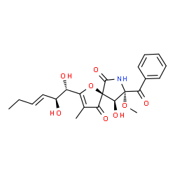 ChemSpider 2D Image | (5S,8S,9S)-8-Benzoyl-2-[(1S,2S,3E)-1,2-dihydroxy-3-hexen-1-yl]-9-hydroxy-8-methoxy-3-methyl-1-oxa-7-azaspiro[4.4]non-2-ene-4,6-dione | C22H25NO8