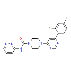 ChemSpider 2D Image | 4-[6-(2,4-Difluorophenyl)-4-pyrimidinyl]-N-(3-pyridazinyl)-1-piperazinecarboxamide | C19H17F2N7O