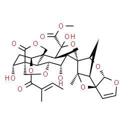 ChemSpider 2D Image | Methyl (1S,1'R,2R,3R,3'S,5R,6S,7S,7'S,8S,9'R,11R,11'R,15S,17R,18R)-3,7,17-trihydroxy-1',6-dimethyl-15-{[(2E)-2-methyl-2-butenoyl]oxy}-12-oxo-2',4,6',8',9,13-hexaoxaspiro[pentacyclo[9.3.3.1~1,8~.0~2,6~
.0~11,18~]octadecane-5,12'-tetracyclo[7.2.1.0~3,7~.0~3,11~]dodecane]-4'-ene-3-carboxylate | C32H38O14