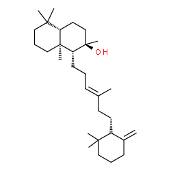 ChemSpider 2D Image | (1R,2R,4aS,8aS)-1-{(3E)-6-[(1R)-2,2-Dimethyl-6-methylenecyclohexyl]-4-methyl-3-hexen-1-yl}-2,5,5,8a-tetramethyldecahydro-2-naphthalenol | C30H52O