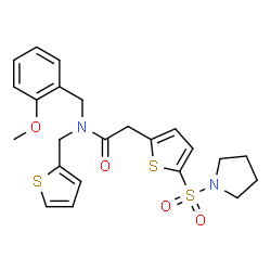 ChemSpider 2D Image | N-(2-Methoxybenzyl)-2-[5-(1-pyrrolidinylsulfonyl)-2-thienyl]-N-(2-thienylmethyl)acetamide | C23H26N2O4S3