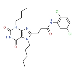 ChemSpider 2D Image | 3-(3-Butyl-2,6-dioxo-7-pentyl-2,3,6,7-tetrahydro-1H-purin-8-yl)-N-(2,5-dichlorophenyl)propanamide | C23H29Cl2N5O3