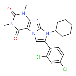 ChemSpider 2D Image | 8-Cyclohexyl-7-(2,4-dichlorophenyl)-1,3-dimethyl-1H-imidazo[2,1-f]purine-2,4(3H,8H)-dione | C21H21Cl2N5O2