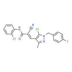 ChemSpider 2D Image | (2E)-3-[5-Chloro-1-(4-fluorobenzyl)-3-methyl-1H-pyrazol-4-yl]-N-(2-chlorophenyl)-2-cyanoacrylamide | C21H15Cl2FN4O