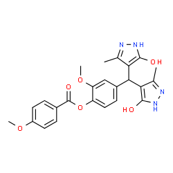 ChemSpider 2D Image | 4-[Bis(5-hydroxy-3-methyl-1H-pyrazol-4-yl)methyl]-2-methoxyphenyl 4-methoxybenzoate | C24H24N4O6