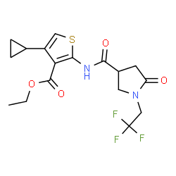 ChemSpider 2D Image | Ethyl 4-cyclopropyl-2-({[5-oxo-1-(2,2,2-trifluoroethyl)-3-pyrrolidinyl]carbonyl}amino)-3-thiophenecarboxylate | C17H19F3N2O4S