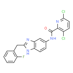 ChemSpider 2D Image | 3,6-Dichloro-N-[2-(2-fluorobenzyl)-1H-benzimidazol-5-yl]-2-pyridinecarboxamide | C20H13Cl2FN4O