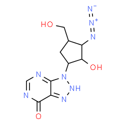 ChemSpider 2D Image | 3-[3-Azido-2-hydroxy-4-(hydroxymethyl)cyclopentyl]-2,3-dihydro-7H-[1,2,3]triazolo[4,5-d]pyrimidin-7-one | C10H12N8O3