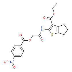 ChemSpider 2D Image | Ethyl 2-({[(4-nitrobenzoyl)oxy]acetyl}amino)-5,6-dihydro-4H-cyclopenta[b]thiophene-3-carboxylate | C19H18N2O7S