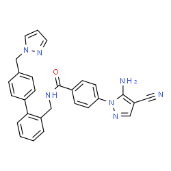 ChemSpider 2D Image | 4-(5-Amino-4-cyano-1H-pyrazol-1-yl)-N-{[4'-(1H-pyrazol-1-ylmethyl)-2-biphenylyl]methyl}benzamide | C28H23N7O