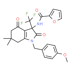ChemSpider 2D Image | N-[1-(4-Methoxybenzyl)-6,6-dimethyl-2,4-dioxo-3-(trifluoromethyl)-2,3,4,5,6,7-hexahydro-1H-indol-3-yl]-2-furamide | C24H23F3N2O5