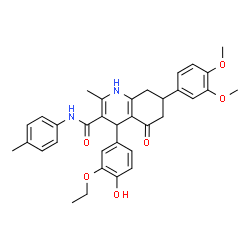ChemSpider 2D Image | 7-(3,4-Dimethoxyphenyl)-4-(3-ethoxy-4-hydroxyphenyl)-2-methyl-N-(4-methylphenyl)-5-oxo-1,4,5,6,7,8-hexahydro-3-quinolinecarboxamide | C34H36N2O6