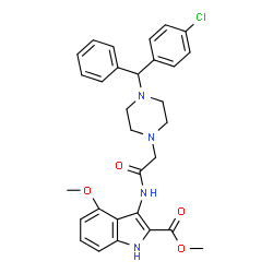 ChemSpider 2D Image | Methyl 3-[({4-[(4-chlorophenyl)(phenyl)methyl]-1-piperazinyl}acetyl)amino]-4-methoxy-1H-indole-2-carboxylate | C30H31ClN4O4