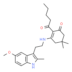 ChemSpider 2D Image | 3-{[2-(5-Methoxy-2-methyl-1H-indol-3-yl)ethyl]amino}-5,5-dimethyl-2-pentanoyl-2-cyclohexen-1-one | C25H34N2O3