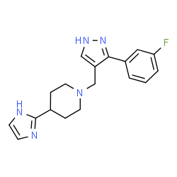 ChemSpider 2D Image | 1-{[3-(3-Fluorophenyl)-1H-pyrazol-4-yl]methyl}-4-(1H-imidazol-2-yl)piperidine | C18H20FN5