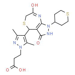 ChemSpider 2D Image | 3-{4-[3,7-Dioxo-1-(tetrahydro-2H-thiopyran-4-yl)-2,3,4,6,7,8-hexahydro-1H-pyrazolo[3,4-e][1,4]thiazepin-4-yl]-3,5-dimethyl-1H-pyrazol-1-yl}propanoic acid | C19H25N5O4S2