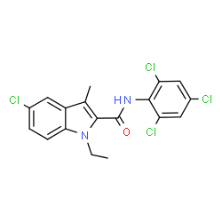 ChemSpider 2D Image | 5-Chloro-1-ethyl-3-methyl-N-(2,4,6-trichlorophenyl)-1H-indole-2-carboxamide | C18H14Cl4N2O