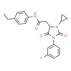 ChemSpider 2D Image | 2-[3-Cyclopropyl-1-(3-fluorophenyl)-2,5-dioxo-4-imidazolidinyl]-N-(4-ethylphenyl)acetamide | C22H22FN3O3