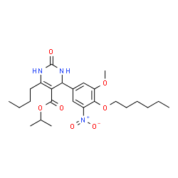 ChemSpider 2D Image | Isopropyl 6-butyl-4-[4-(hexyloxy)-3-methoxy-5-nitrophenyl]-2-oxo-1,2,3,4-tetrahydro-5-pyrimidinecarboxylate | C25H37N3O7