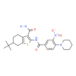 ChemSpider 2D Image | 6-tert-Butyl-2-{[3-nitro-4-(piperidin-1-yl)benzoyl]amino}-4,5,6,7-tetrahydro-1-benzothiophene-3-carboxamide | C25H32N4O4S