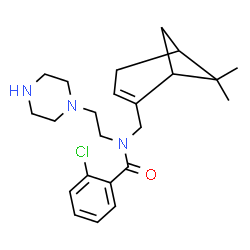 ChemSpider 2D Image | 2-Chloro-N-[(6,6-dimethylbicyclo[3.1.1]hept-2-en-2-yl)methyl]-N-[2-(1-piperazinyl)ethyl]benzamide | C23H32ClN3O