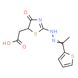 ChemSpider 2D Image | (4-Oxo-2-{2-[1-(2-thienyl)ethylidene]hydrazino}-4,5-dihydro-1,3-thiazol-5-yl)acetic acid | C11H11N3O3S2