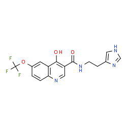ChemSpider 2D Image | 4-Hydroxy-N-[2-(1H-imidazol-4-yl)ethyl]-6-(trifluoromethoxy)-3-quinolinecarboxamide | C16H13F3N4O3