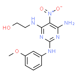 ChemSpider 2D Image | 2-({6-Amino-2-[(3-methoxyphenyl)amino]-5-nitro-4-pyrimidinyl}amino)ethanol | C13H16N6O4