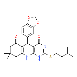 ChemSpider 2D Image | pyrimido[4,5-b]quinoline-4,6(3H,7H)-dione, 5-(1,3-benzodioxol-5-yl)-5,8,9,10-tetrahydro-8,8-dimethyl-2-[(3-methylbutyl)thio]- | C25H29N3O4S