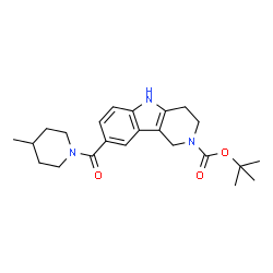 ChemSpider 2D Image | tert-Butyl 8-(4-methylpiperidine-1-carbonyl)-3,4-dihydro-1H-pyrido[4,3-b]indole-2(5H)-carboxylate | C23H31N3O3