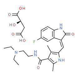 ChemSpider 2D Image | (2S)-2-Hydroxysuccinic acid - N-[2-(diethylamino)ethyl]-5-[(E)-(5-fluoro-2-oxo-1,2-dihydro-3H-indol-3-ylidene)methyl]-2,4-dimethyl-1H-pyrrole-3-carboxamide (1:1) | C26H33FN4O7