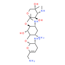ChemSpider 2D Image | (1S,2S,4S,6R)-4-Amino-3-{[(2S,3R)-3-amino-6-(aminomethyl)-3,4-dihydro-2H-pyran-2-yl]oxy}-6-(ethylamino)-2-hydroxycyclohexyl 3-deoxy-4-C-methyl-3-(methylamino)-L-arabinopyranoside | C21H41N5O7