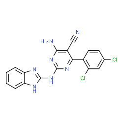 ChemSpider 2D Image | 4-Amino-2-(1H-benzimidazol-2-ylamino)-6-(2,4-dichlorophenyl)-5-pyrimidinecarbonitrile | C18H11Cl2N7