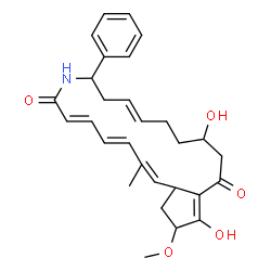 ChemSpider 2D Image | (3E,5E,11E)-15,18-Dihydroxy-19-methoxy-2-methyl-9-phenyl-9,10,13,14,15,16,20,20a-octahydrocyclopenta[i]azacyclononadecine-7,17(8H,19H)-dione | C29H35NO5