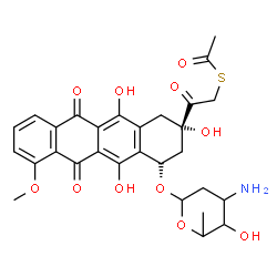 ChemSpider 2D Image | S-(2-{(4R)-4-[(3-Amino-2,3,6-trideoxyhexopyranosyl)oxy]-2,5,12-trihydroxy-7-methoxy-6,11-dioxo-1,2,3,4,6,11-hexahydro-2-tetracenyl}-2-oxoethyl) ethanethioate | C29H31NO11S