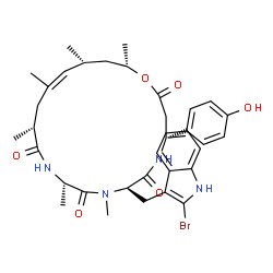 ChemSpider 2D Image | (4R,7R,10S,13R,15Z,17R,19S)-7-[(2-Bromo-1H-indol-3-yl)methyl]-4-(4-hydroxyphenyl)-8,10,13,15,17,19-hexamethyl-1-oxa-5,8,11-triazacyclononadec-15-ene-2,6,9,12-tetrone | C36H45BrN4O6