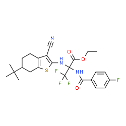 ChemSpider 2D Image | Ethyl N-[3-cyano-6-(2-methyl-2-propanyl)-4,5,6,7-tetrahydro-1-benzothiophen-2-yl]-3,3,3-trifluoro-2-[(4-fluorobenzoyl)amino]alaninate | C25H27F4N3O3S