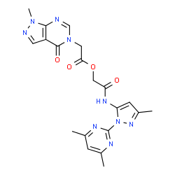 ChemSpider 2D Image | 2-{[1-(4,6-Dimethyl-2-pyrimidinyl)-3-methyl-1H-pyrazol-5-yl]amino}-2-oxoethyl (1-methyl-4-oxo-1,4-dihydro-5H-pyrazolo[3,4-d]pyrimidin-5-yl)acetate | C20H21N9O4
